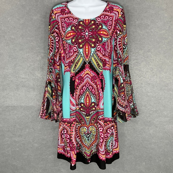 MSK Paisley Print Dress Bell Sleeve Bohemian Colorful Stretch Flowy  Size‎ L - Picture 1 of 16